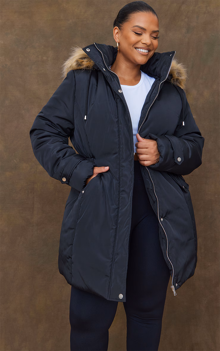 Plus Black Fur Hood Elasticated Waist Longline Parka Coat