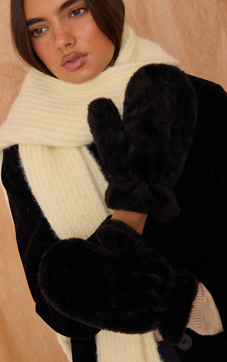 Black Soft Faux Fur Attached Mittens