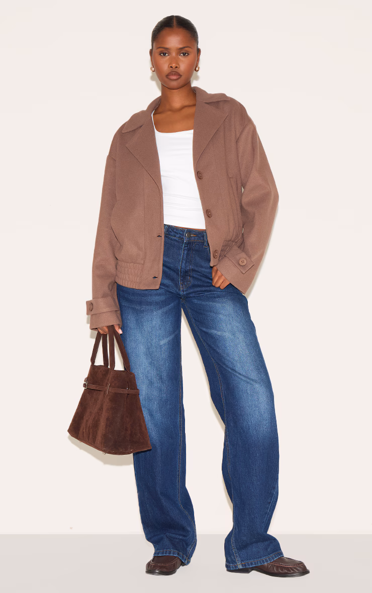 Mushroom Wool Look Button Up Front Bomber Jacket