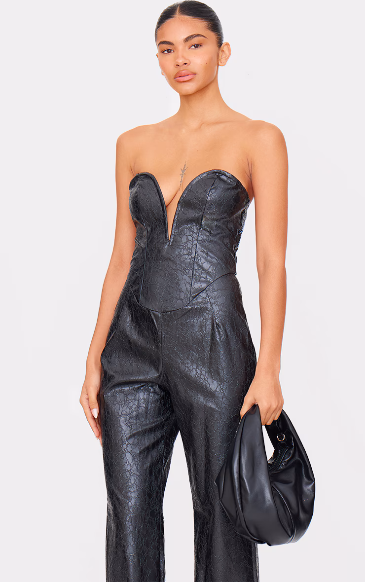 Black Croc Faux Leather Bandeau Plunge Straight Leg Jumpsuit