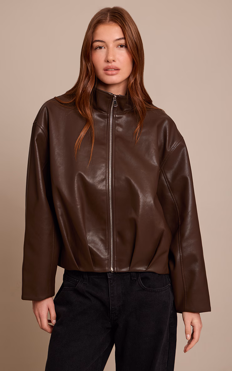 Chocolate Brown Faux Leather Funnel Neck Gathered Back Bomber Jacket