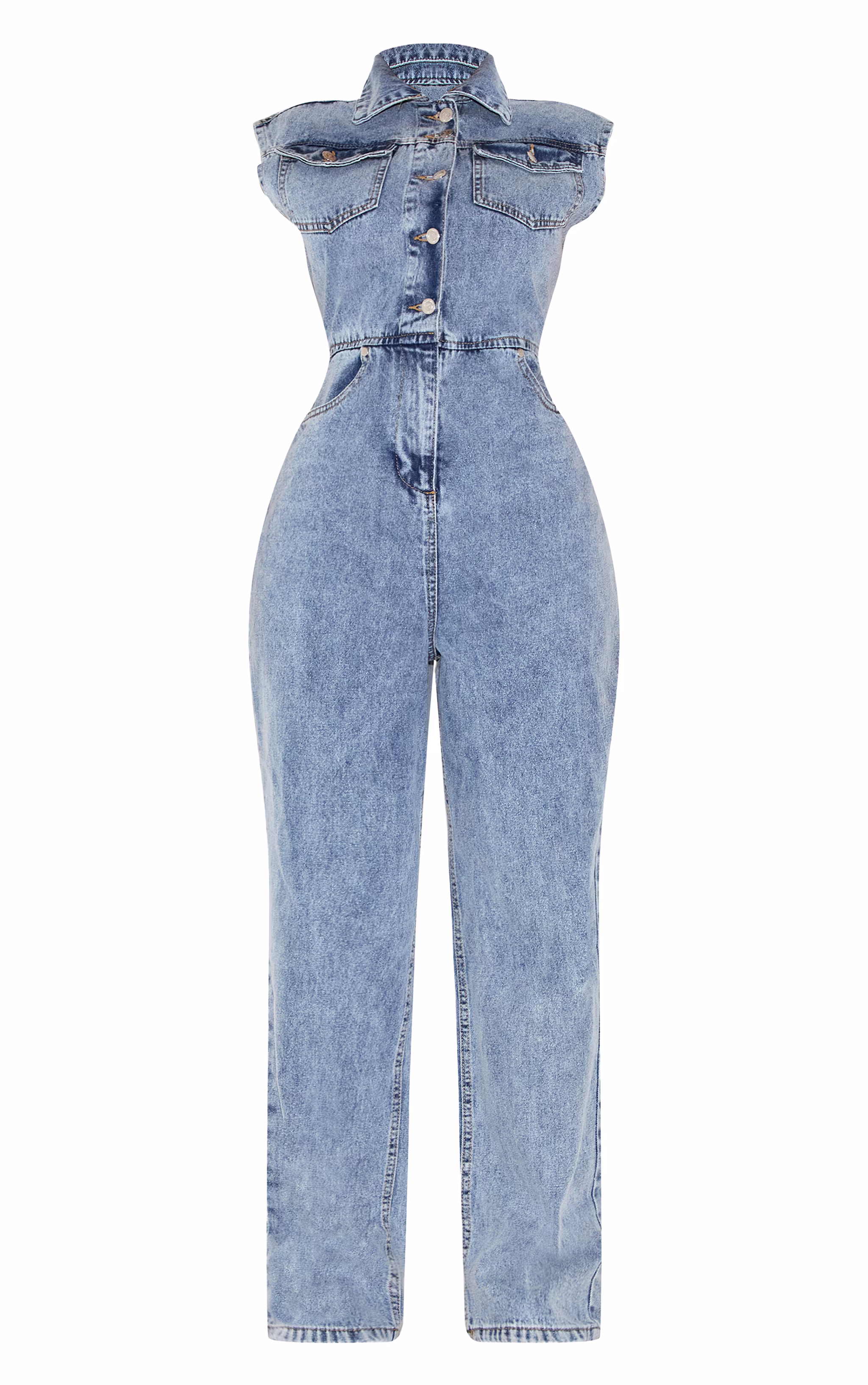 Shape Acid Blue Wash Sleeveless Rigid Denim Jumpsuit
