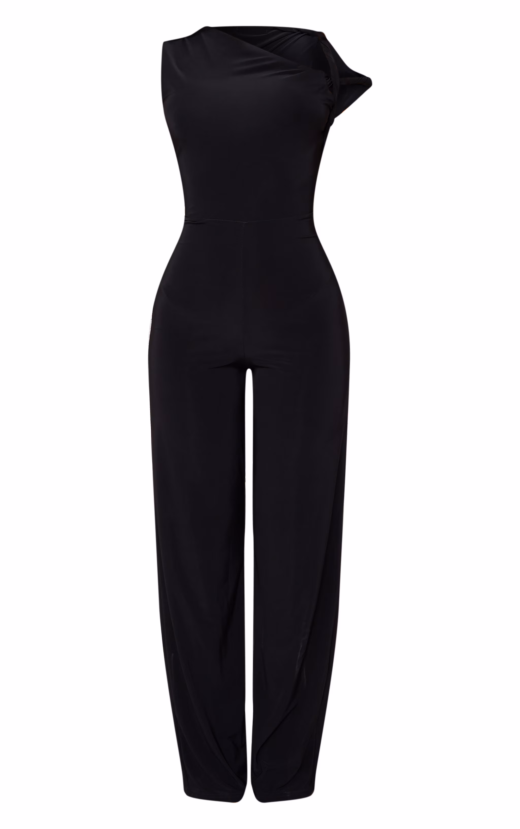 Petite Black Slinky Twist Shoulder Wide Leg Jumpsuit