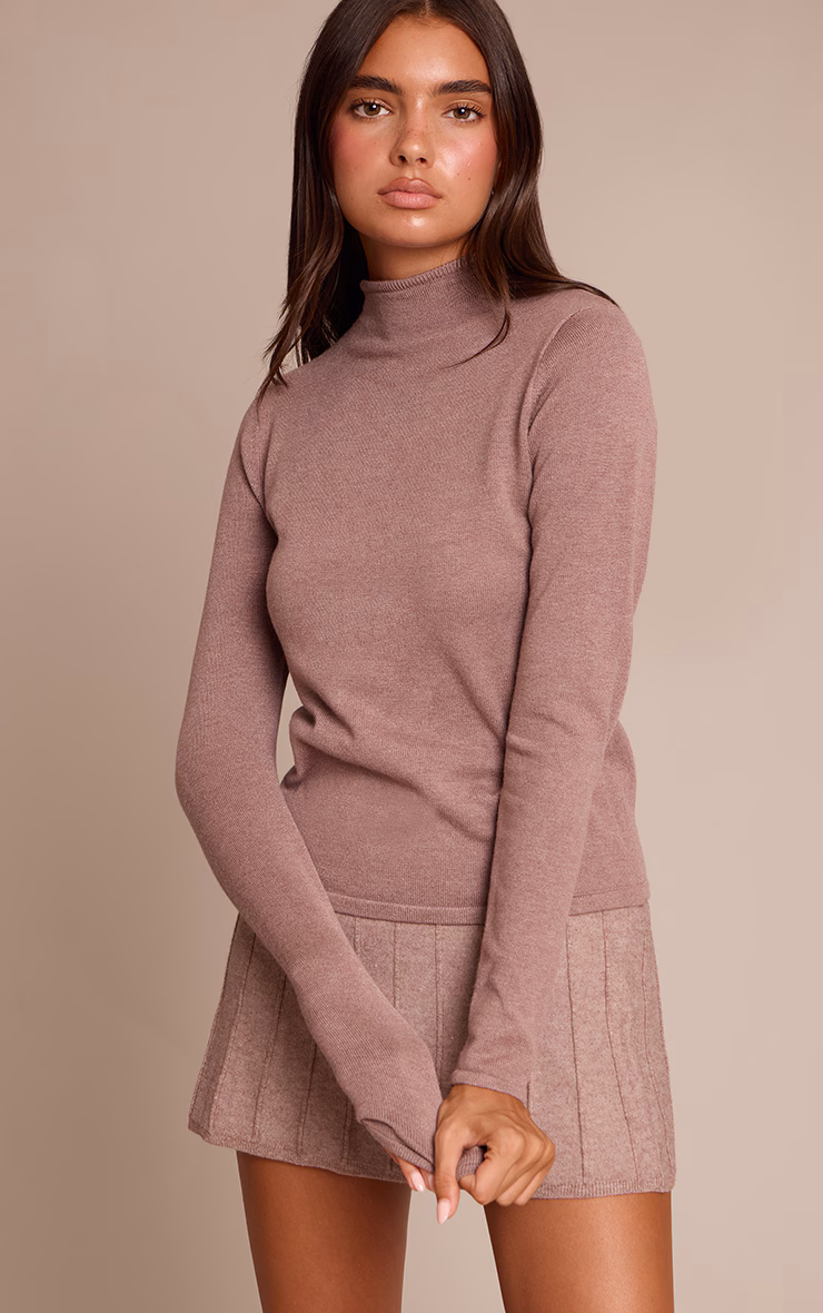 Mocha Fine Knit High Neck Sweater