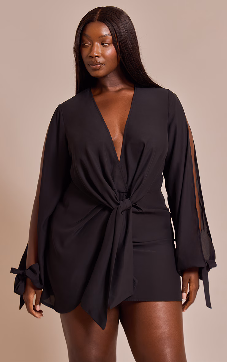 Plus Black Satin Twist Front Open Sleeve Wrap Mini Dress