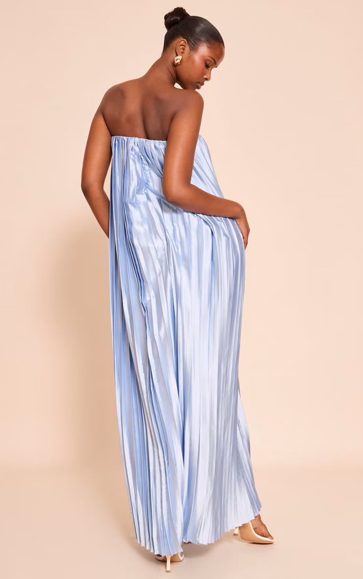 Light Blue Pleated Satin Bandeau Maxi Dress