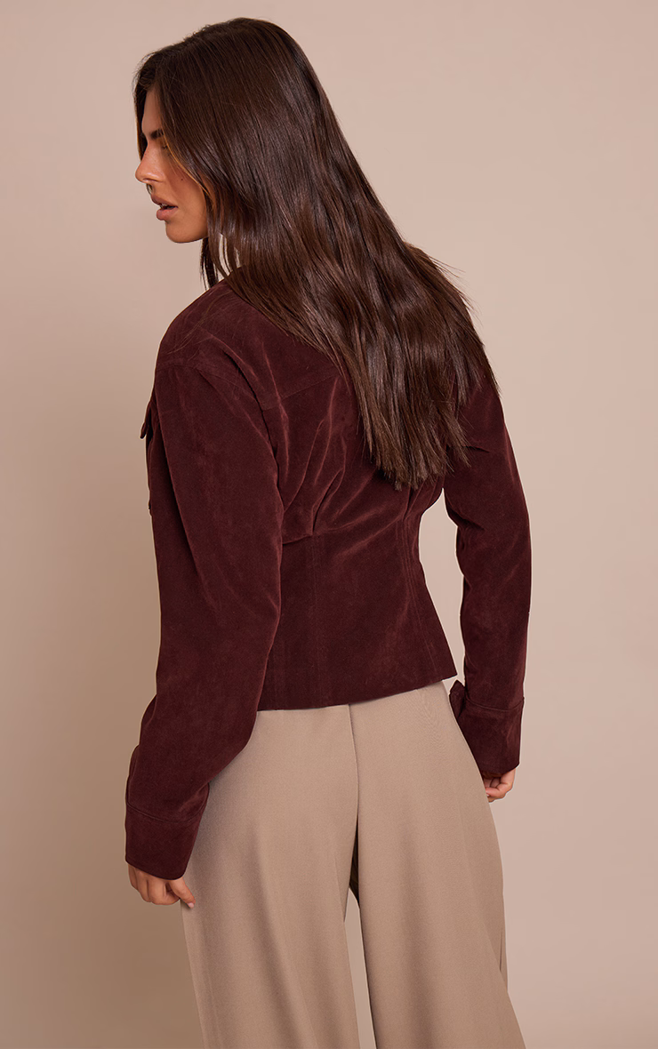 Burgundy Faux Suede Covered Button Cinch Waist Jacket