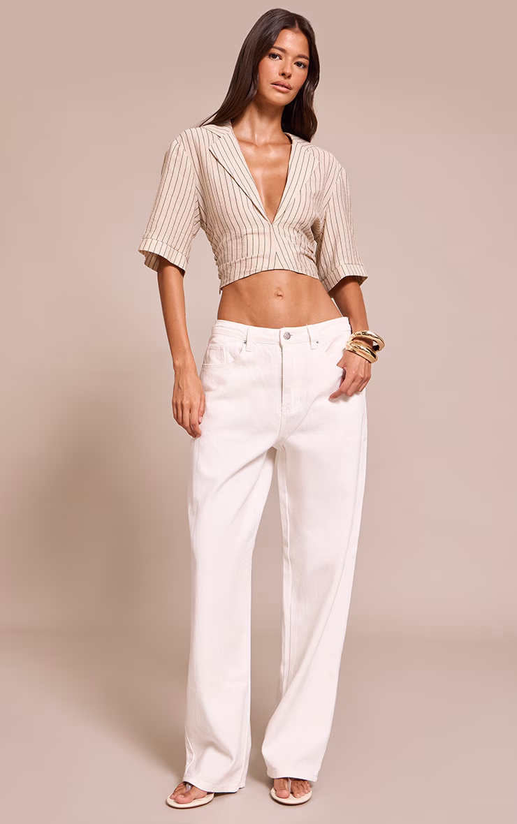 Stone Pinstripe Lightweight Woven Twist Cropped Shirt