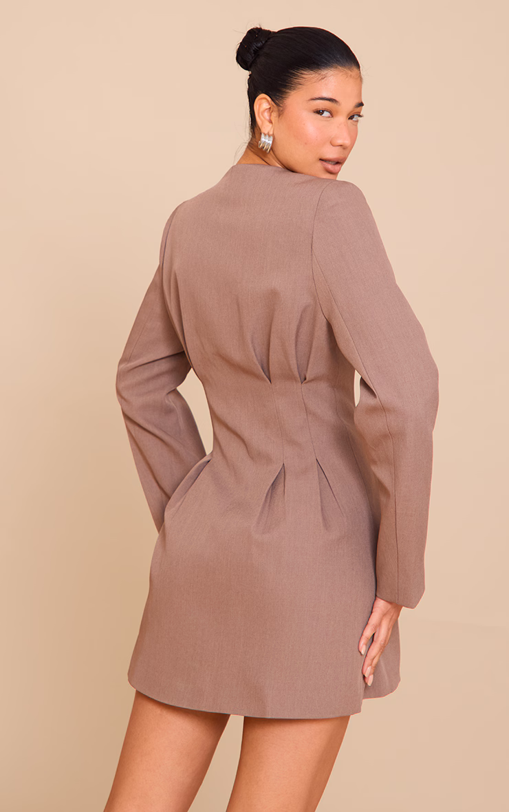 Mushroom Woven Pleated Shift Blazer Dress