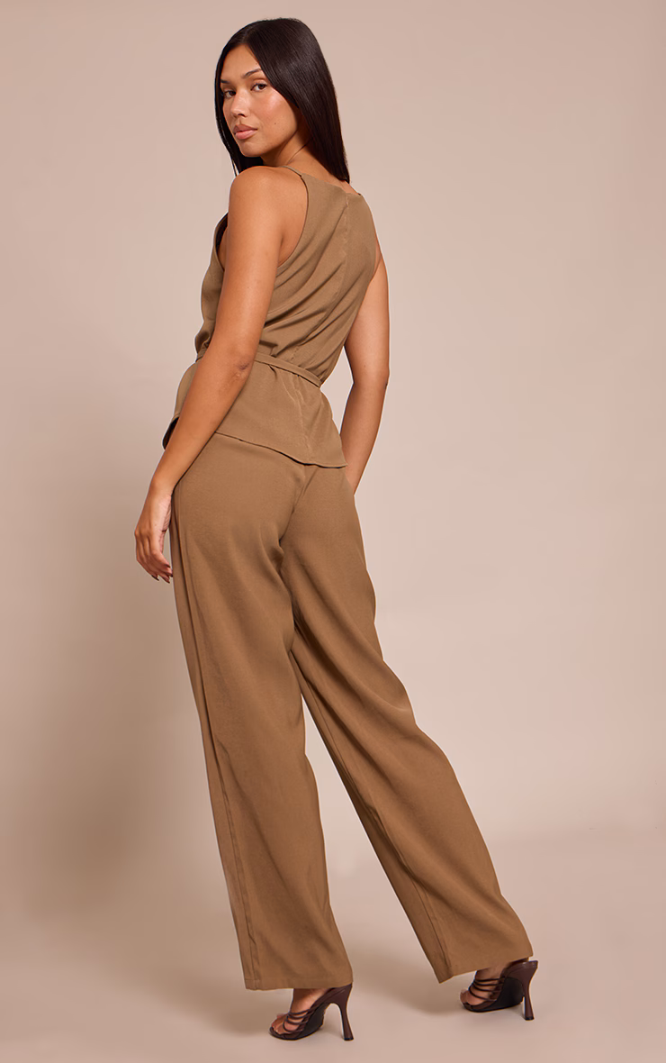 Light Taupe Woven Belt Tied Straight Leg Jumpsuit
