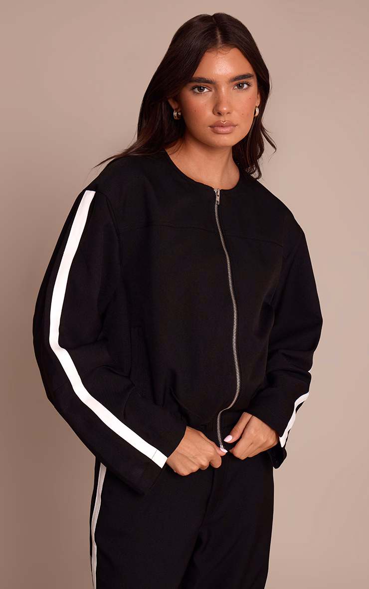 Black Striped Tailored Woven Elasticated Waist Bomber Jacket
