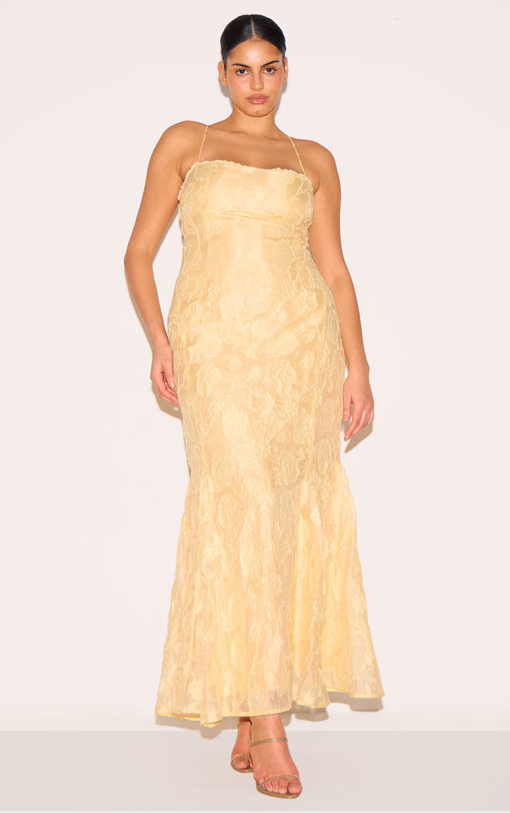 Plus Lemon Textured Lace Up Back Maxi Dress
