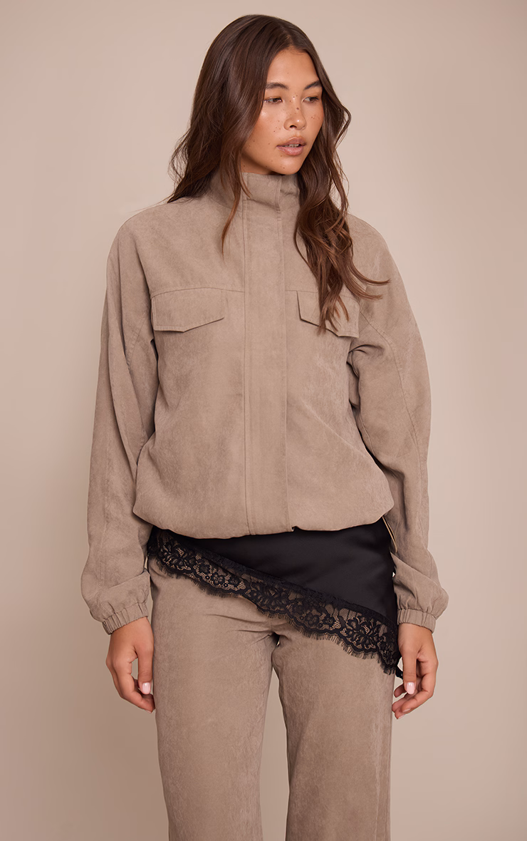 Mushroom Peach Skin Zip Up High Neck Jacket