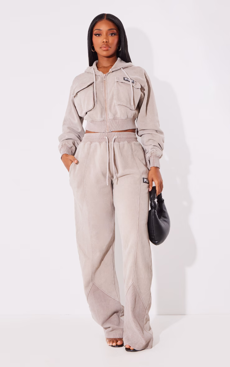 PRETTYLITTLETHING Shape Taupe Washed Wide Leg Sweatpants