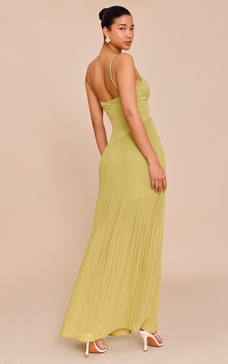 Lime Woven Pleated Hem Detail Spaghetti Maxi Dress