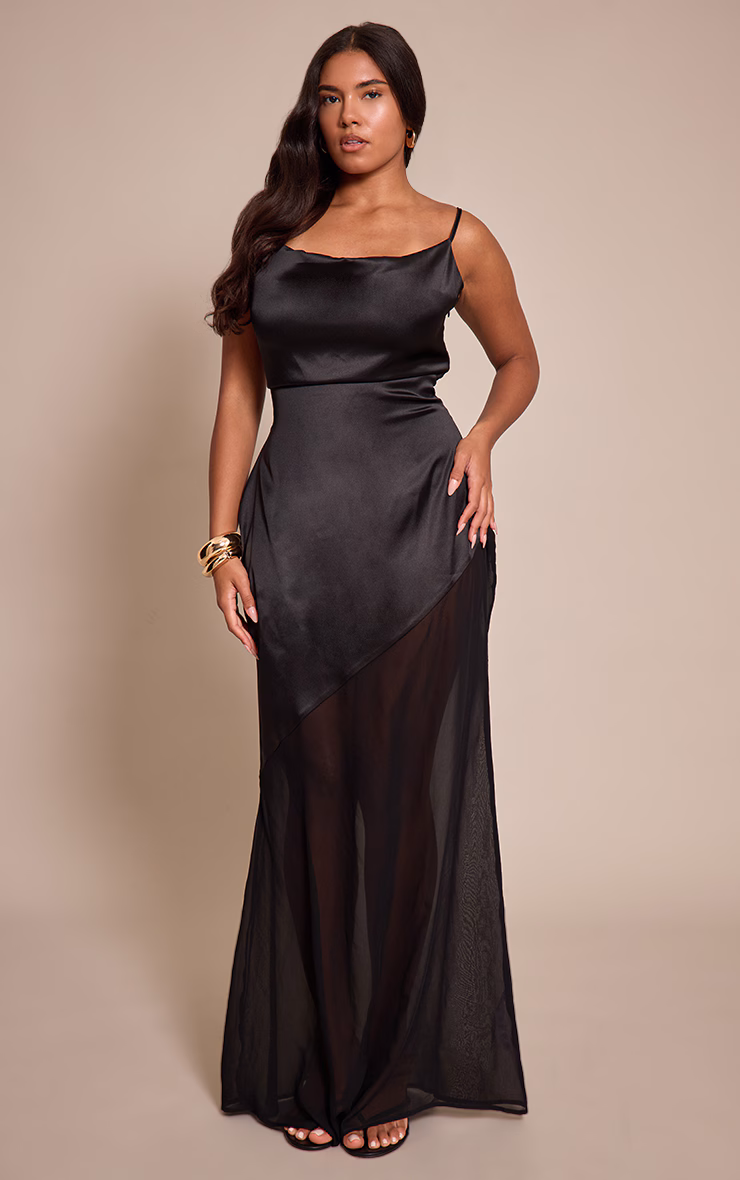 Shape Black Cowl Neck Satin Dropped Hem Chiffon Maxi Dress