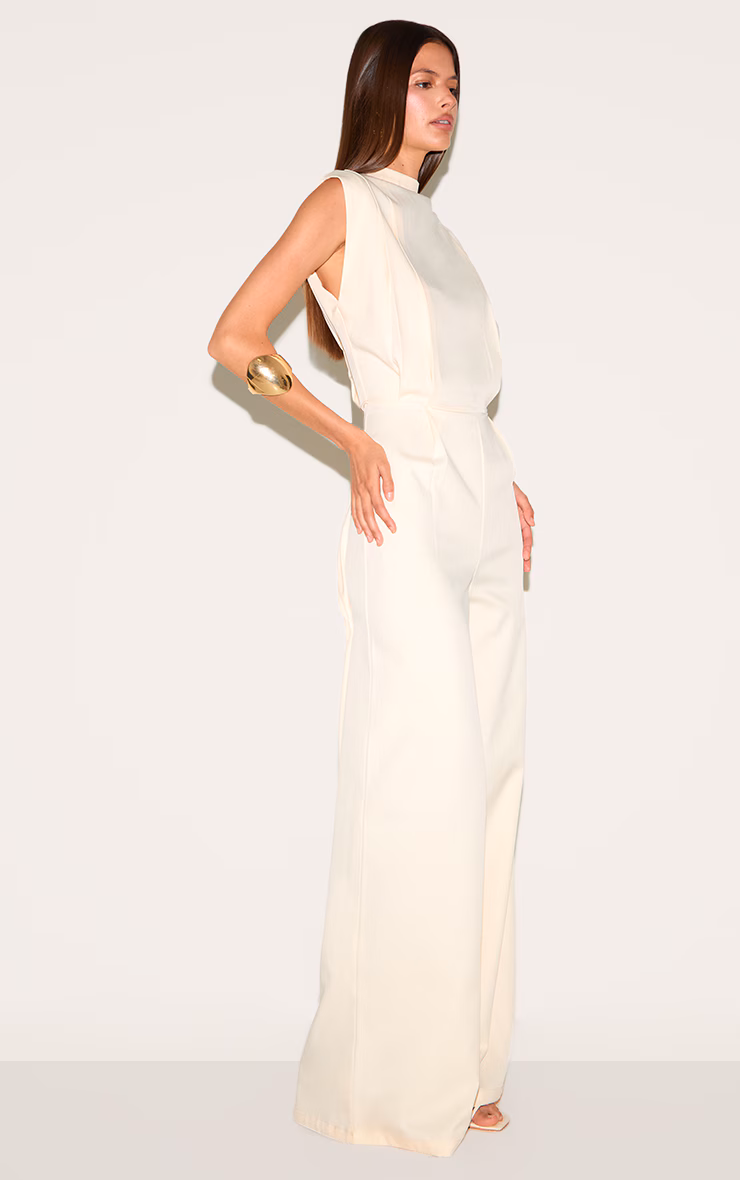 Almond Woven Cap Sleeve Wide Leg Jumpsuit