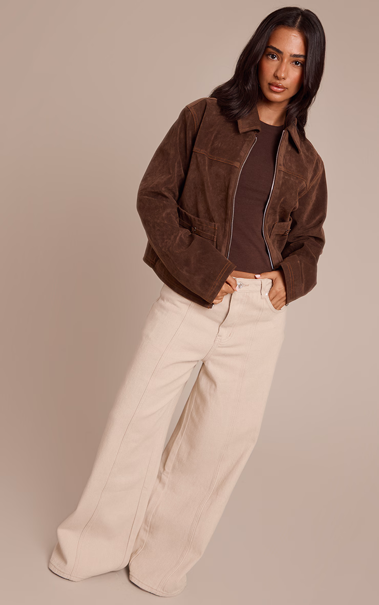 Petite Chocolate Brown Pocket Detail Faux Suede Jacket