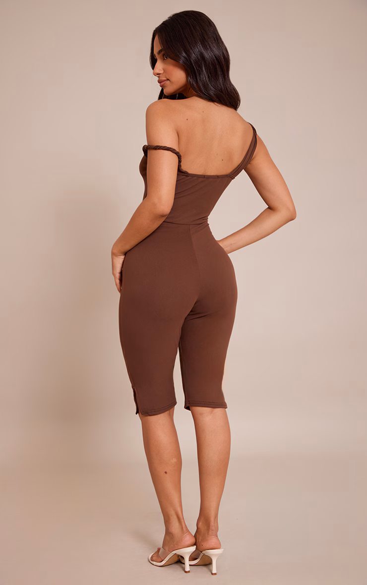 Petite Chocolate Super Soft Bardot Twist Detail Fitted Jumpsuit