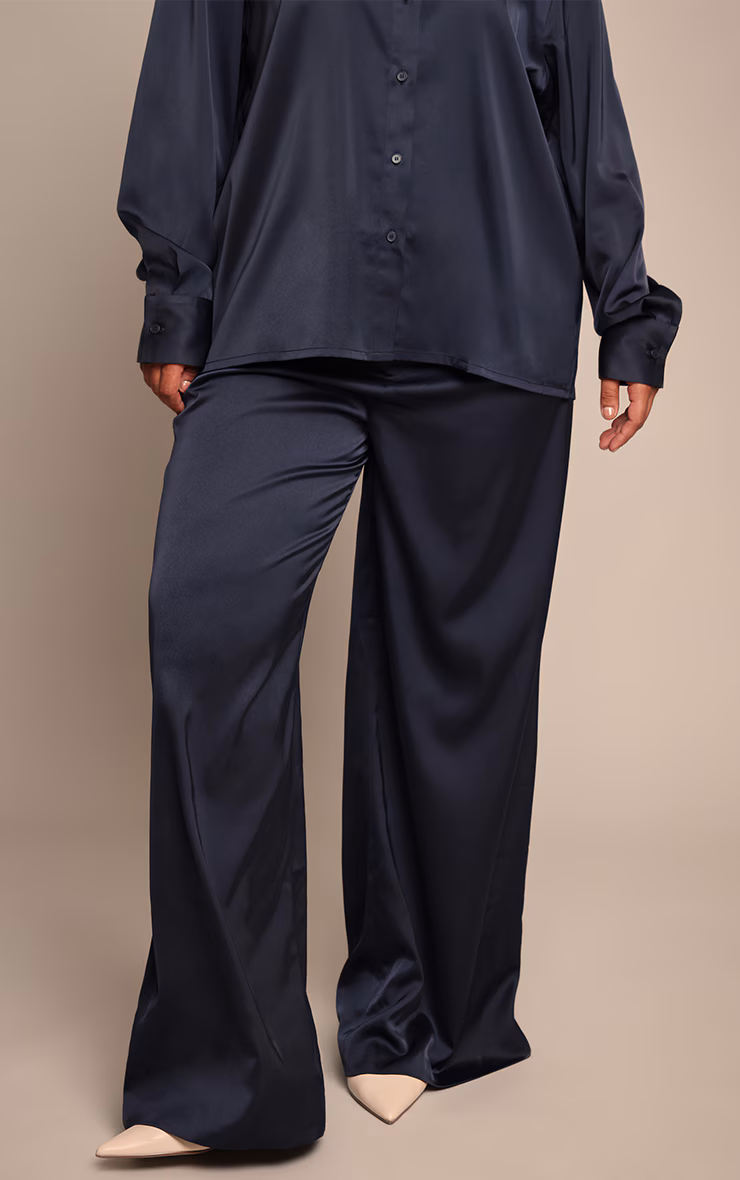 Plus Black Crinkle Satin High Waist Wide Leg Pants