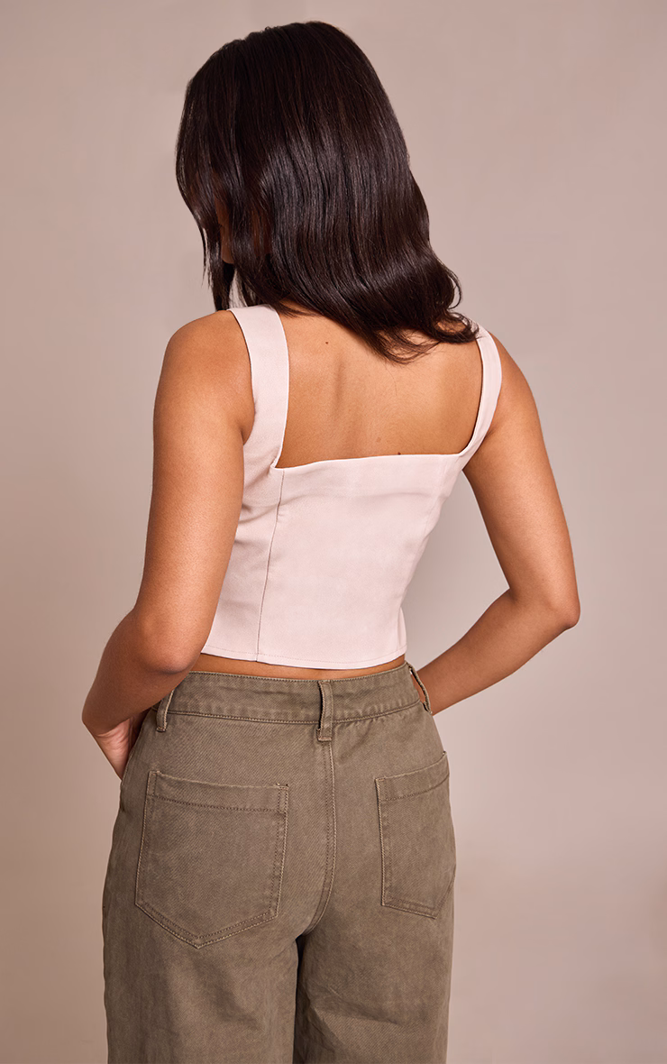 Petite Ecru  Fitted Faux Leather Crop Top