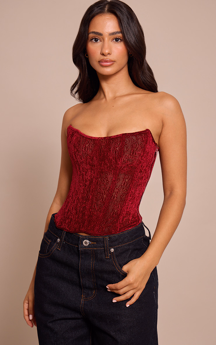 Petite Red Velour Printed Corset Top