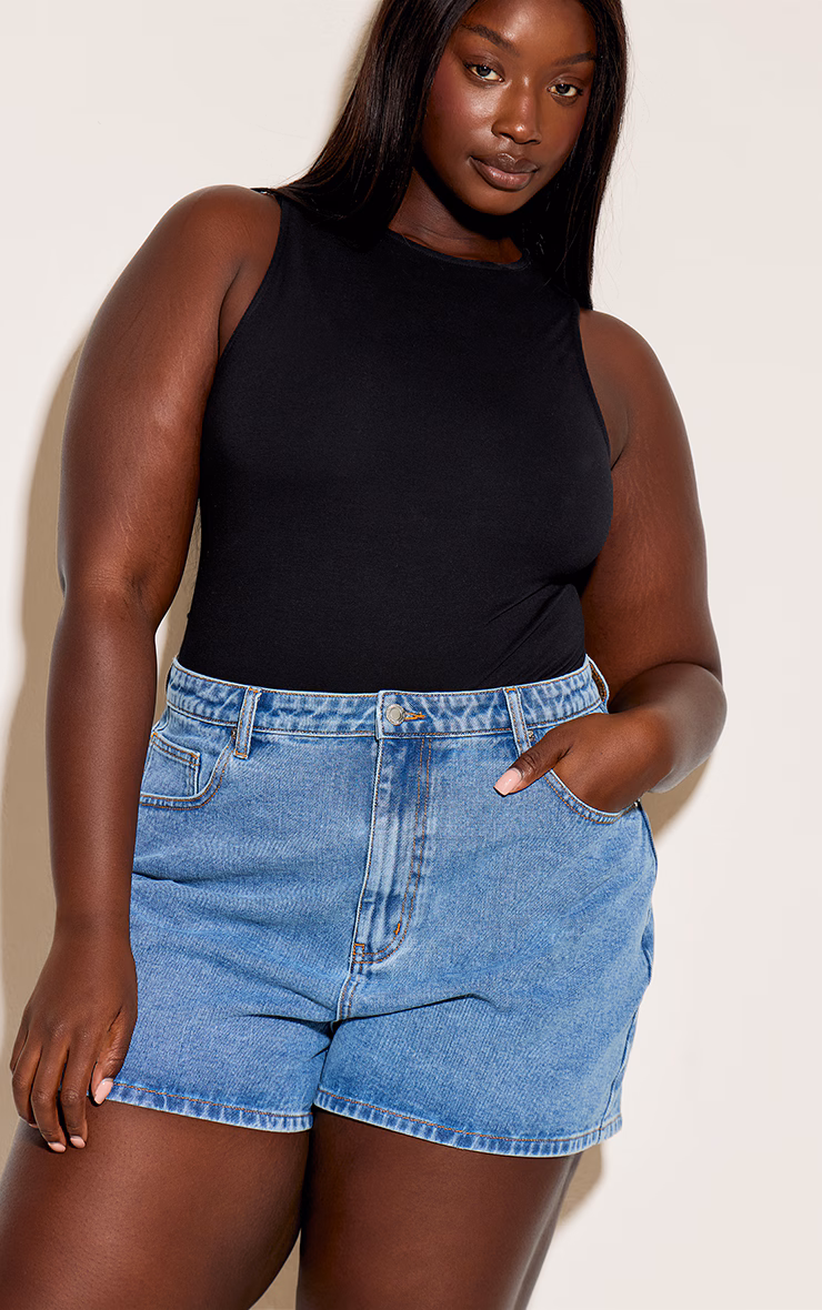 Plus Mid Blue Wash High Waist Bermuda Denim Shorts