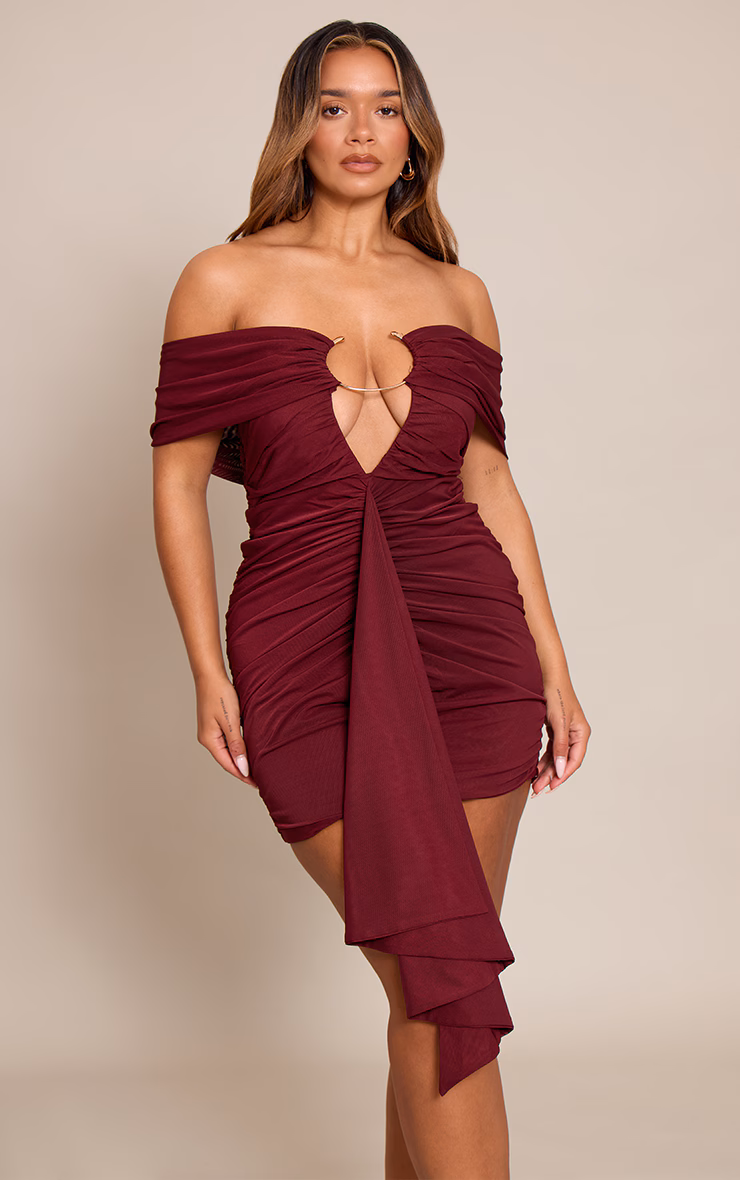 Shape Wine Mesh O Ring Plunge Bardot Mini Dress
