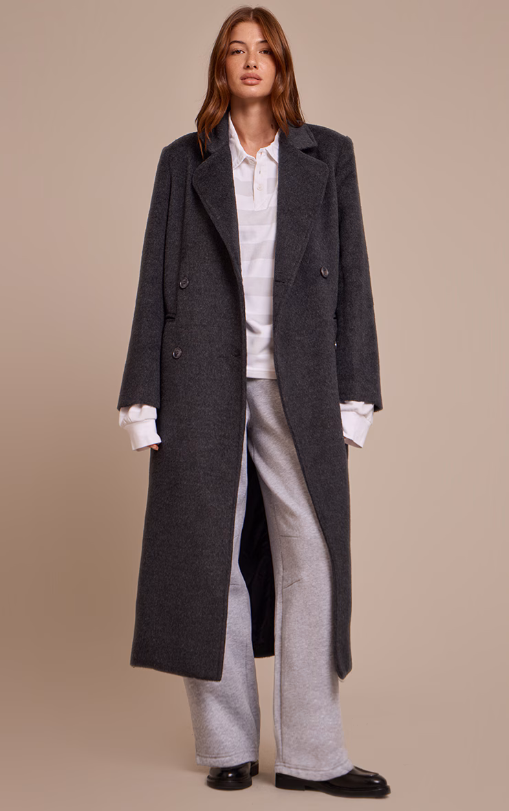 Dark Grey Structured Double Breasted Wool Look Maxi Coat