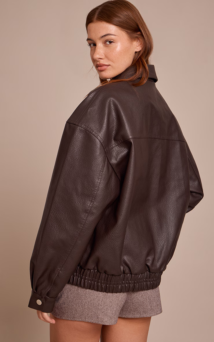 Chocolate Concealed Placket Faux Leather Bomber Jacket