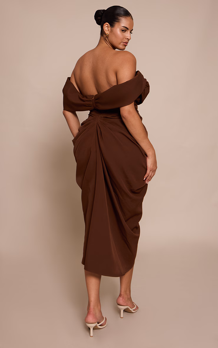Plus Chocolate Corset Bardot Draped Midi Dress