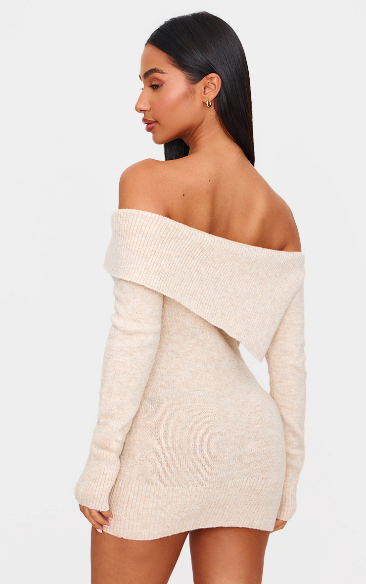 Petite Beige Knitted Foldover Asymmetric Micro Mini Dress