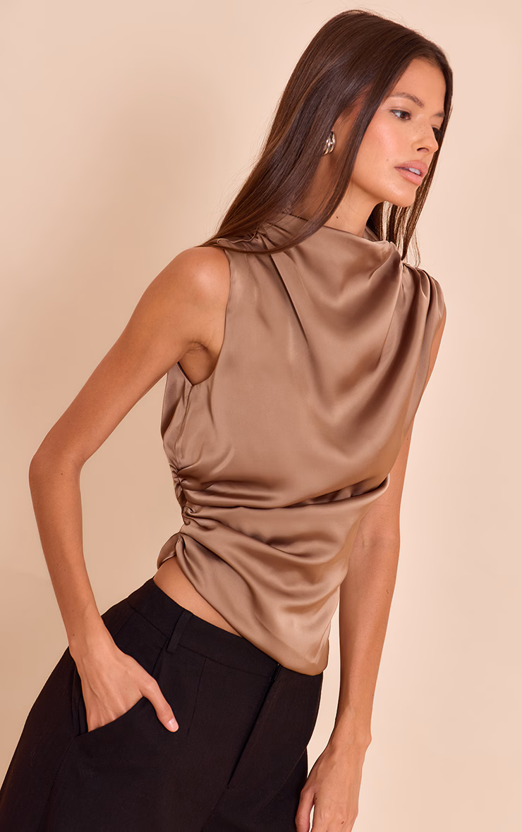Mocha Satin Ruched Side Shoulder Detail Long Top