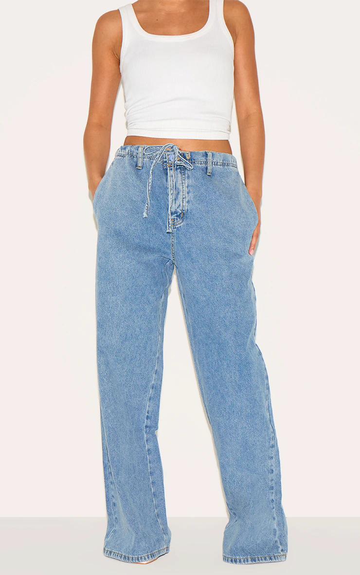 Petite Light Blue Denim Relaxed Drawstring Wide Leg Jeans