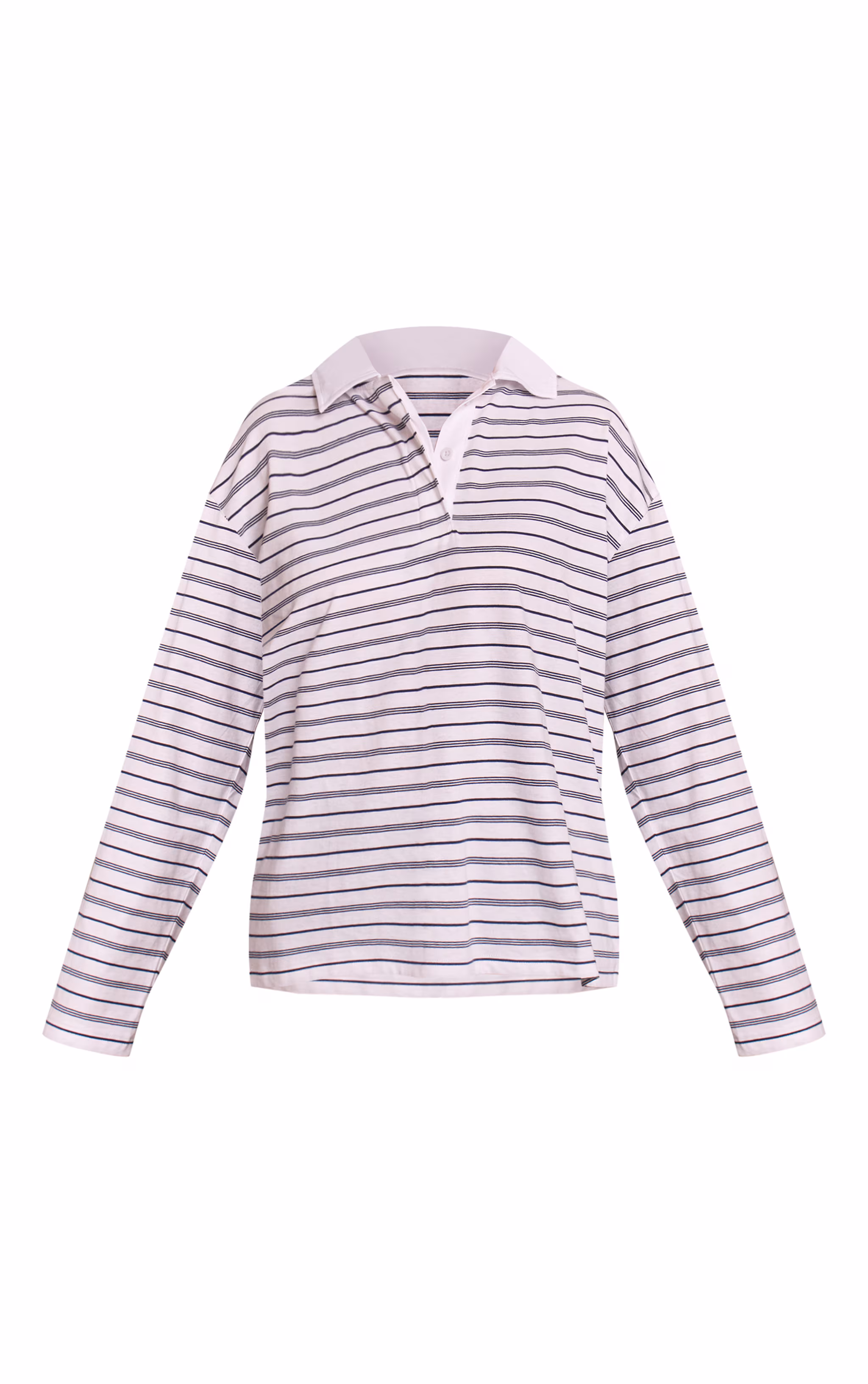 Monochrome Stripe Cotton Polo Collar Long Sleeve Top