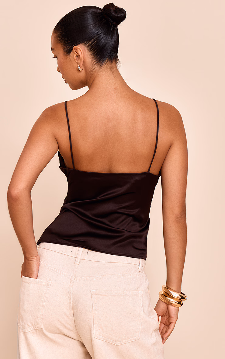 Chocolate Satin Bead Detail Cowl Neck Top