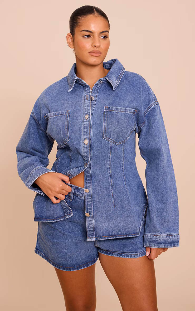 Plus Mid Blue Wash Mid Rise Denim Hotpants