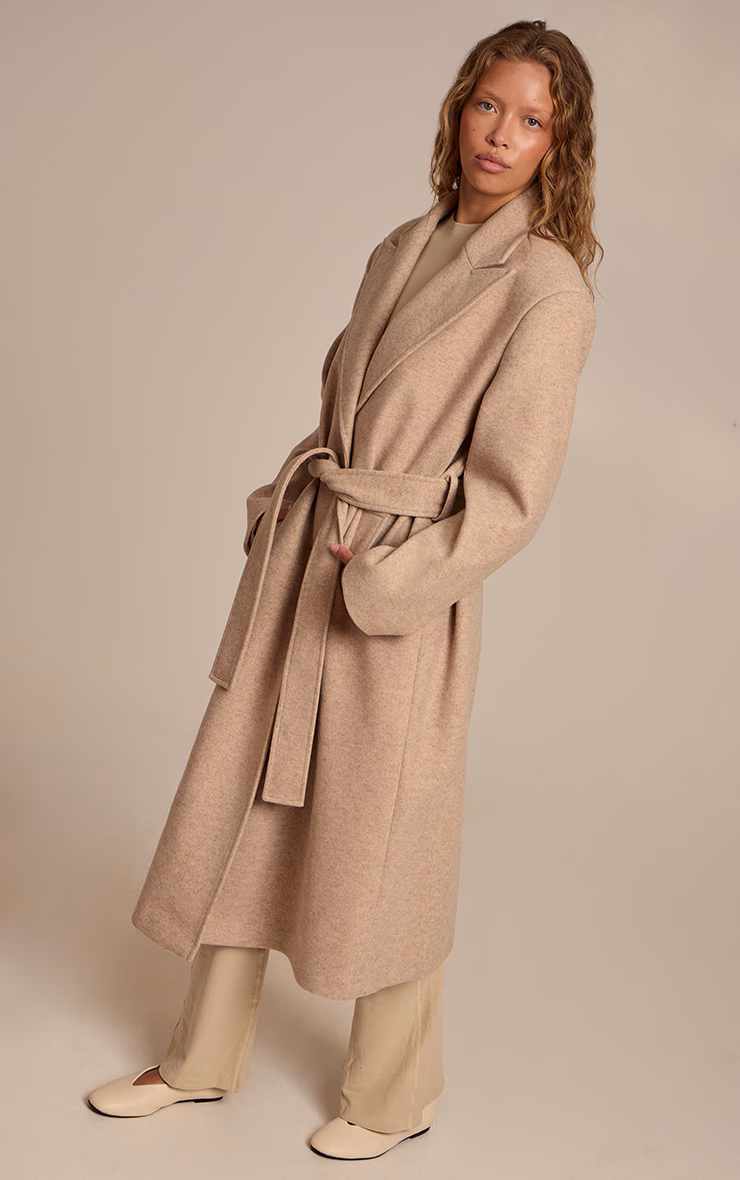 Oat Single Breasted Self Tie Wool Look Maxi Coat