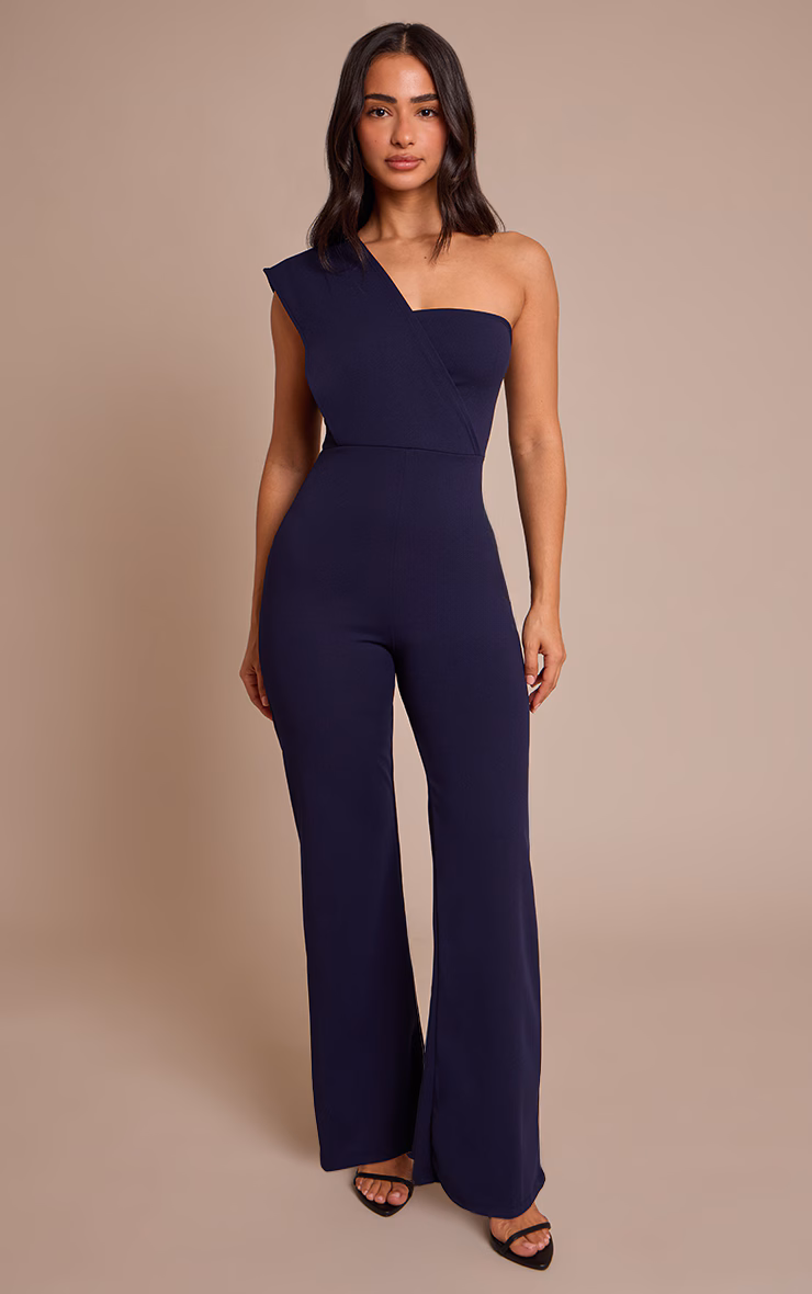 Petite Navy One Shoulder Drape Jumpsuit