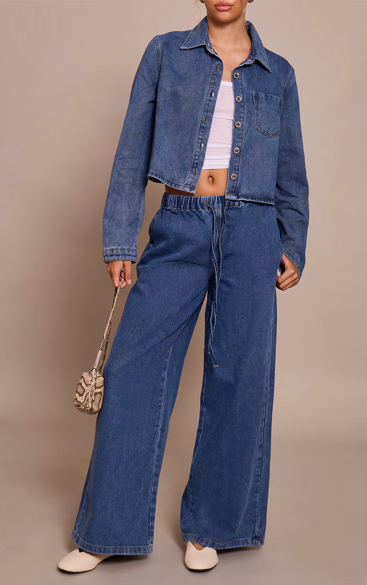 Mid Blue Relaxed Tie Waistband Wide Leg Jeans
