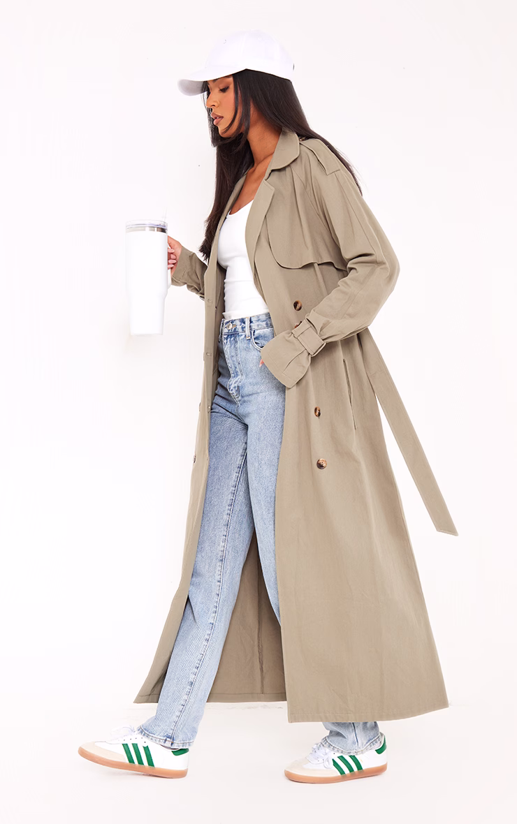 Tall Khaki Panel Detail Belted Trench Coat
