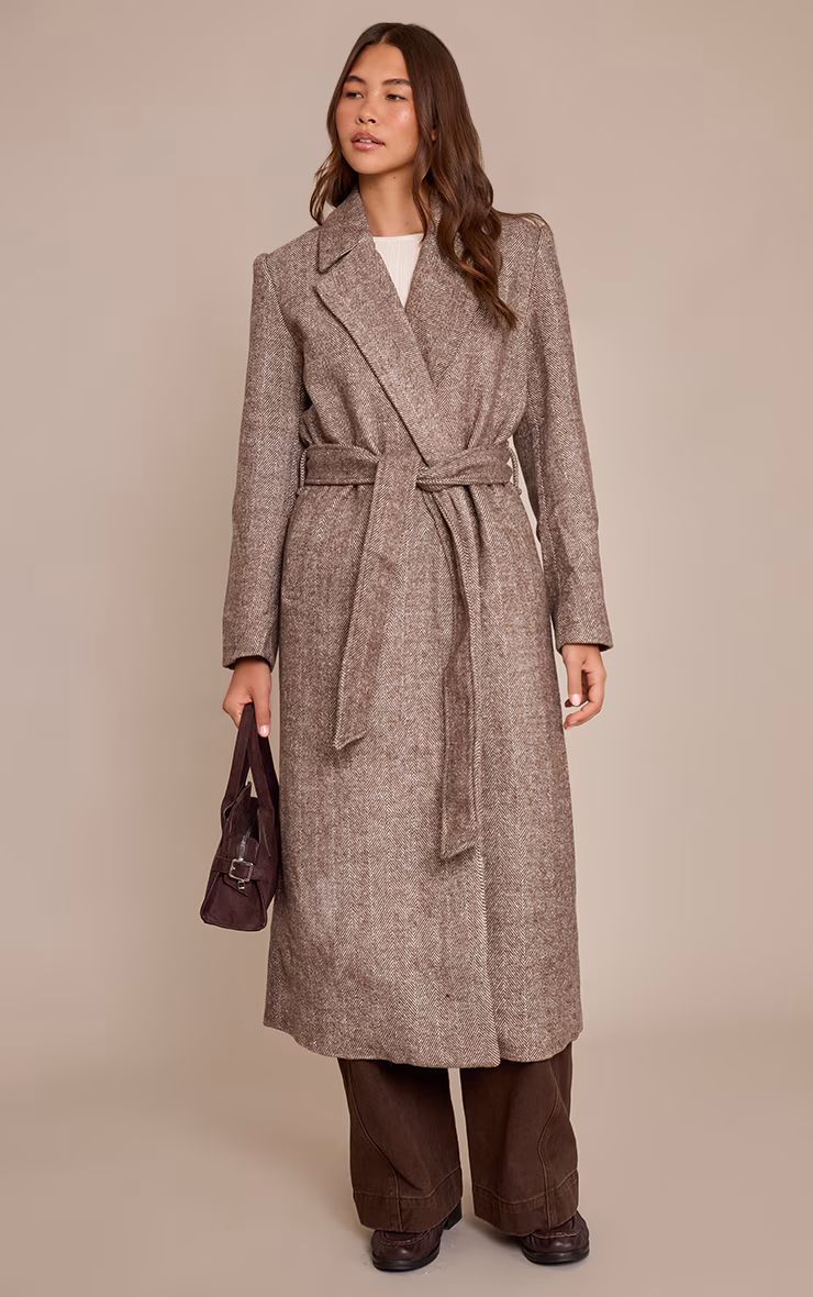 Brown Herringbone Tie Waist Maxi Coat