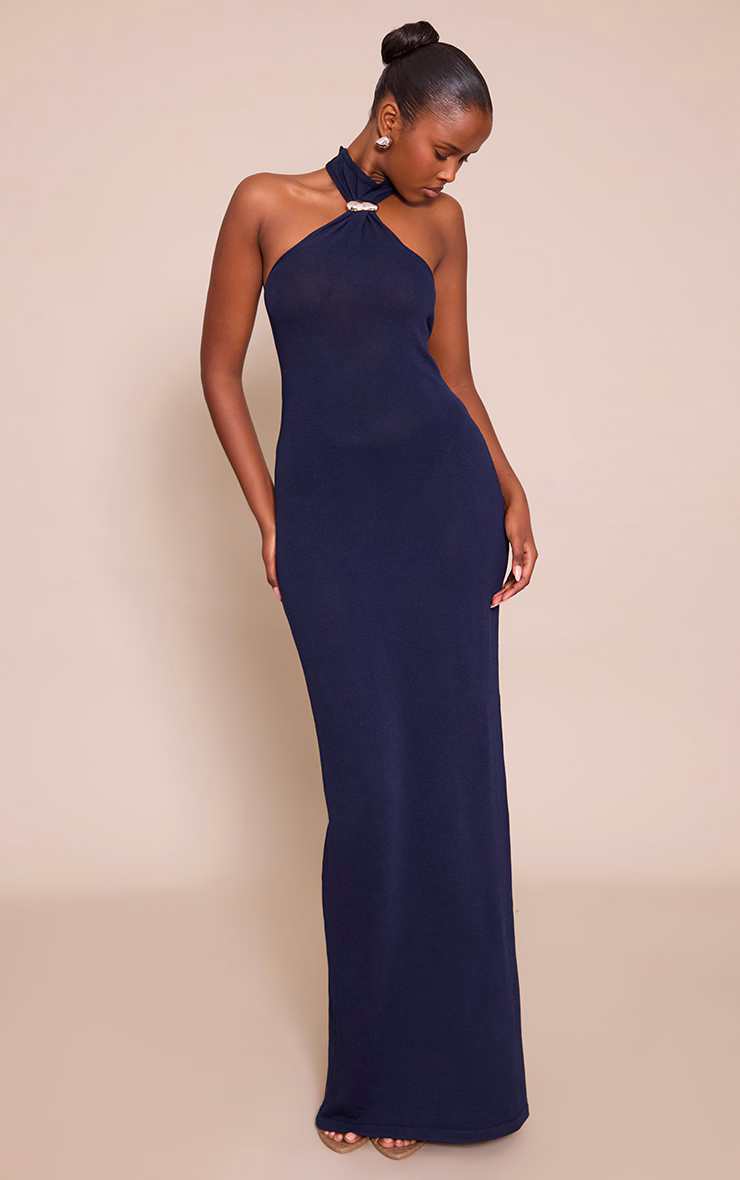 Navy Trim Halter Neck Knitted Maxi Dress
