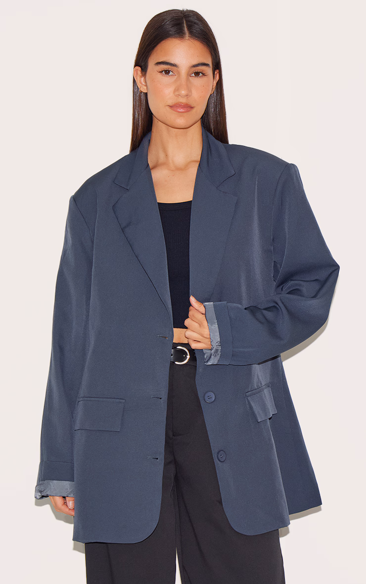 Grey Oversized Longline Curved Hem Blazer