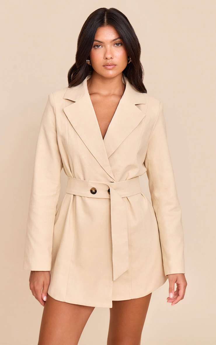 Natural Structured Belted Blazer Dress