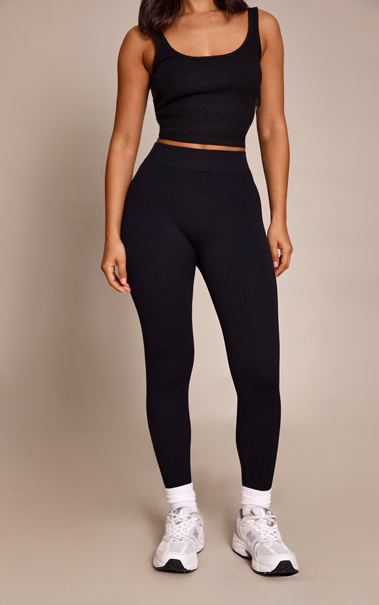 Petite Black Snatched Rib Seamless Leggings