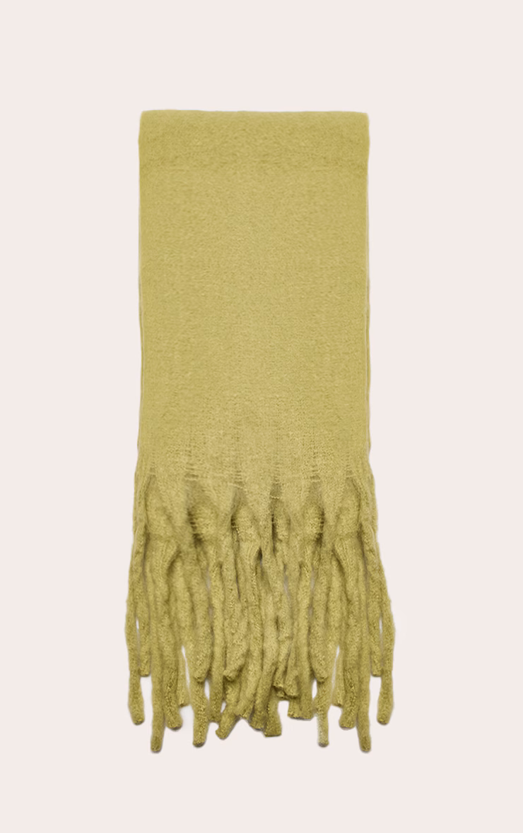 Olive Distressed Knit Tassel Scarf