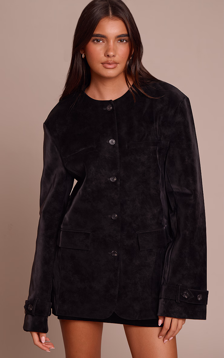 Black Collarless Button Detail Faux Suede  Jacket