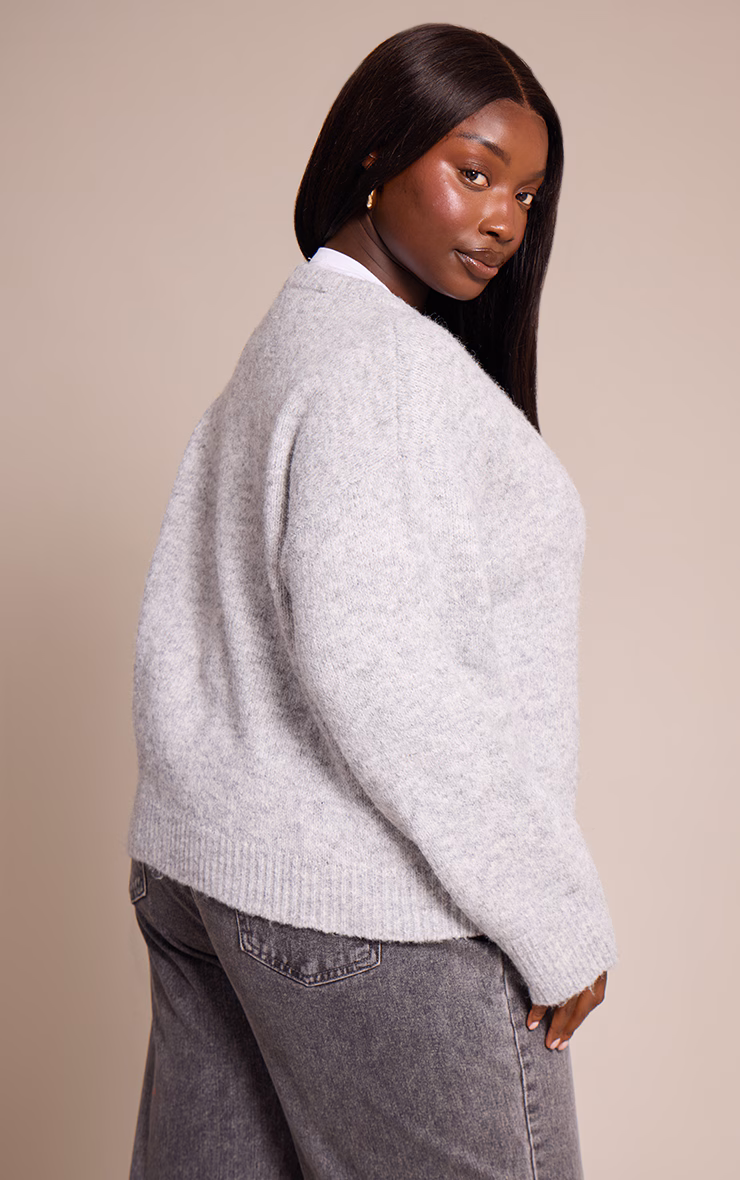 Plus Light Grey Brushed Oversized Detail Round Neck Cardigan
