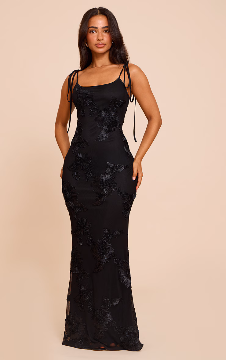 Petite Black Flower Detail Maxi Dress